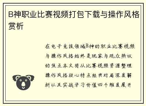 B神职业比赛视频打包下载与操作风格赏析