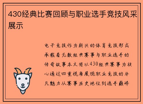 430经典比赛回顾与职业选手竞技风采展示