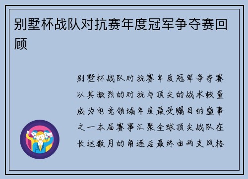 别墅杯战队对抗赛年度冠军争夺赛回顾